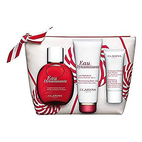 Clarins Eau Dynamisante Gift Set 100ml Eau Dynamisante + 30ml Exfoliating Body Scrub + 100ml Moisturizing Body Lotion + Toiletry Bag