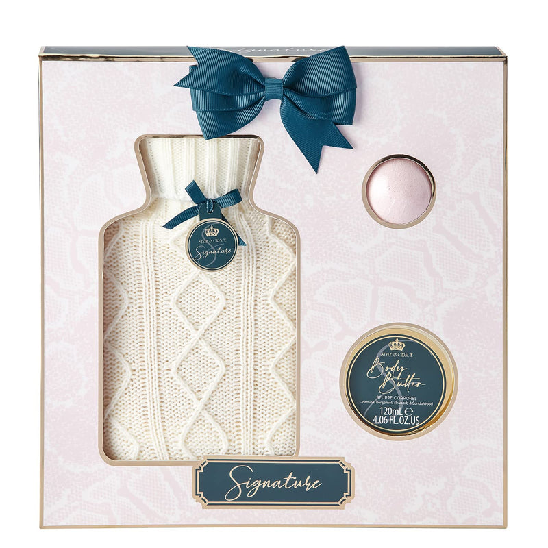 Style  Grace Signature Hot Water Bottle Home Comfort Bath Gift Set - 3 Pieces (This bath set contains:

1 x 120ml Body Butter
1 x 50g Bath Fizzer
1 x Hot Water Bottle  Cover)