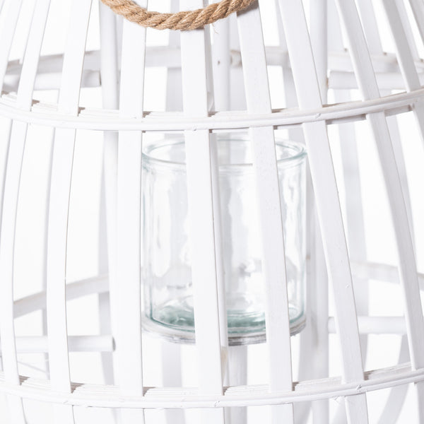 White Floor Standing Domed Wicker Lantern With Rope Detail