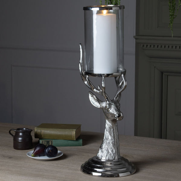 Tall Silver Stag Candle Hurricane Lantern