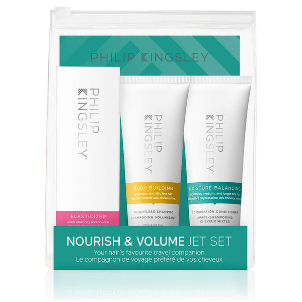 Philip Kingsley Nourish  Volume Jet Set 75ml Elasticizer + 75ml Body Building Weightless Shampoo + 75ml Moisture Balancing Combination Conditioner
