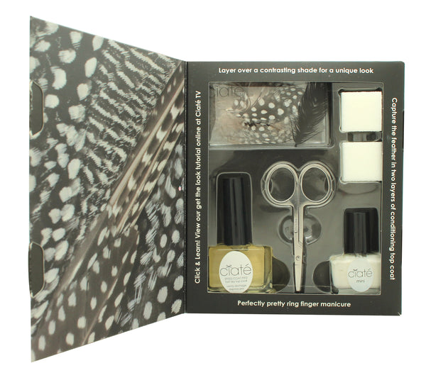 Ciate Feathered Manicure What A Hoot Gift Set 13.5ml Fast Dry Top Coat Speed Coat Pro 014 + 5ml Mini Nail Polish - Snow Virgin 001 + Scissors + Nail File Block + Feathers